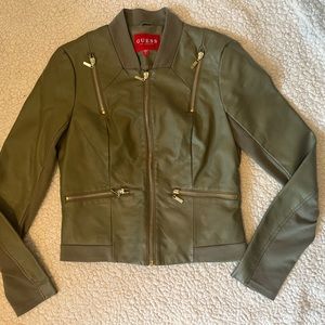 Guess olive green leather jacket, size small